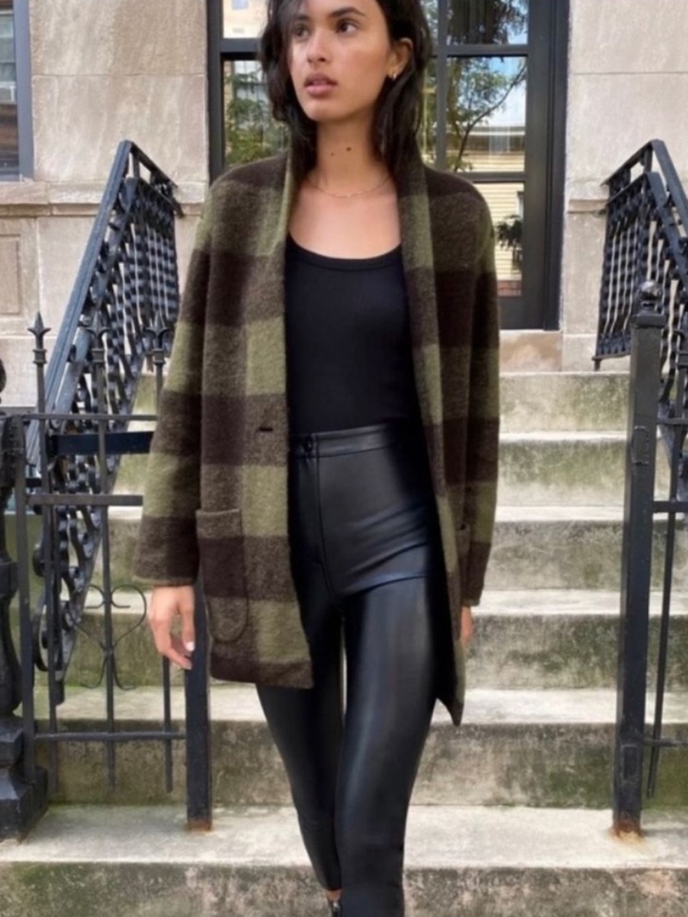 Wilfred black gray plaid buffalo check wool blend sweater jacket light overcoat